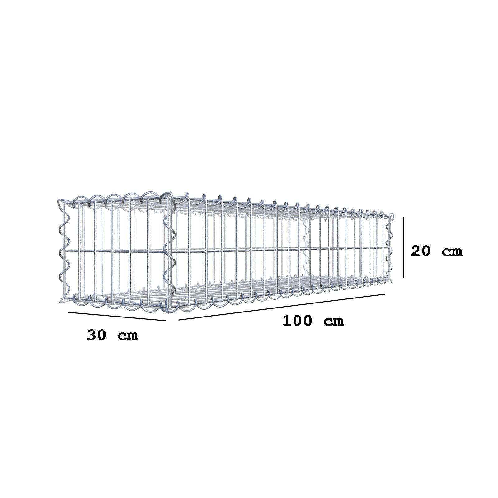 Gabião 100 cm x 20 cm x 30 cm (C x A x P), malhagem 5 cm x 10 cm, espiral