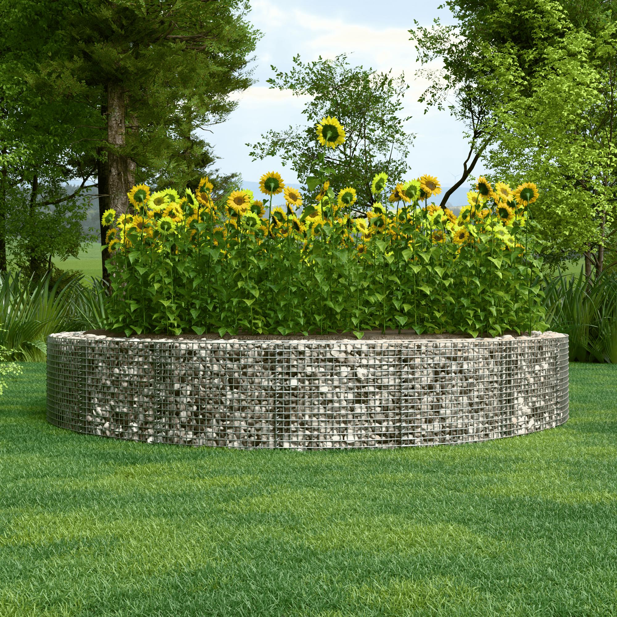 Canteiro elevado redondo, diâmetro externo 502 cm, altura 50 cm, tamanho da malha 5 x 5 cm, espessura da parede 15 cm