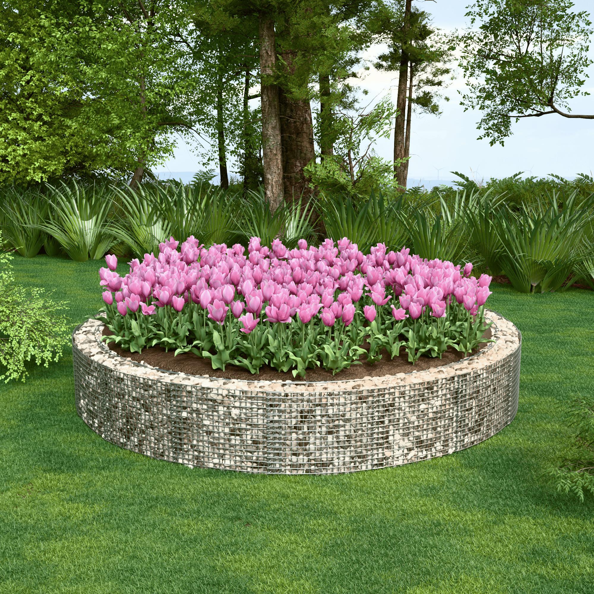Canteiro elevado redondo, diâmetro externo 502 cm, altura 50 cm, tamanho da malha 5 x 5 cm, espessura da parede 15 cm