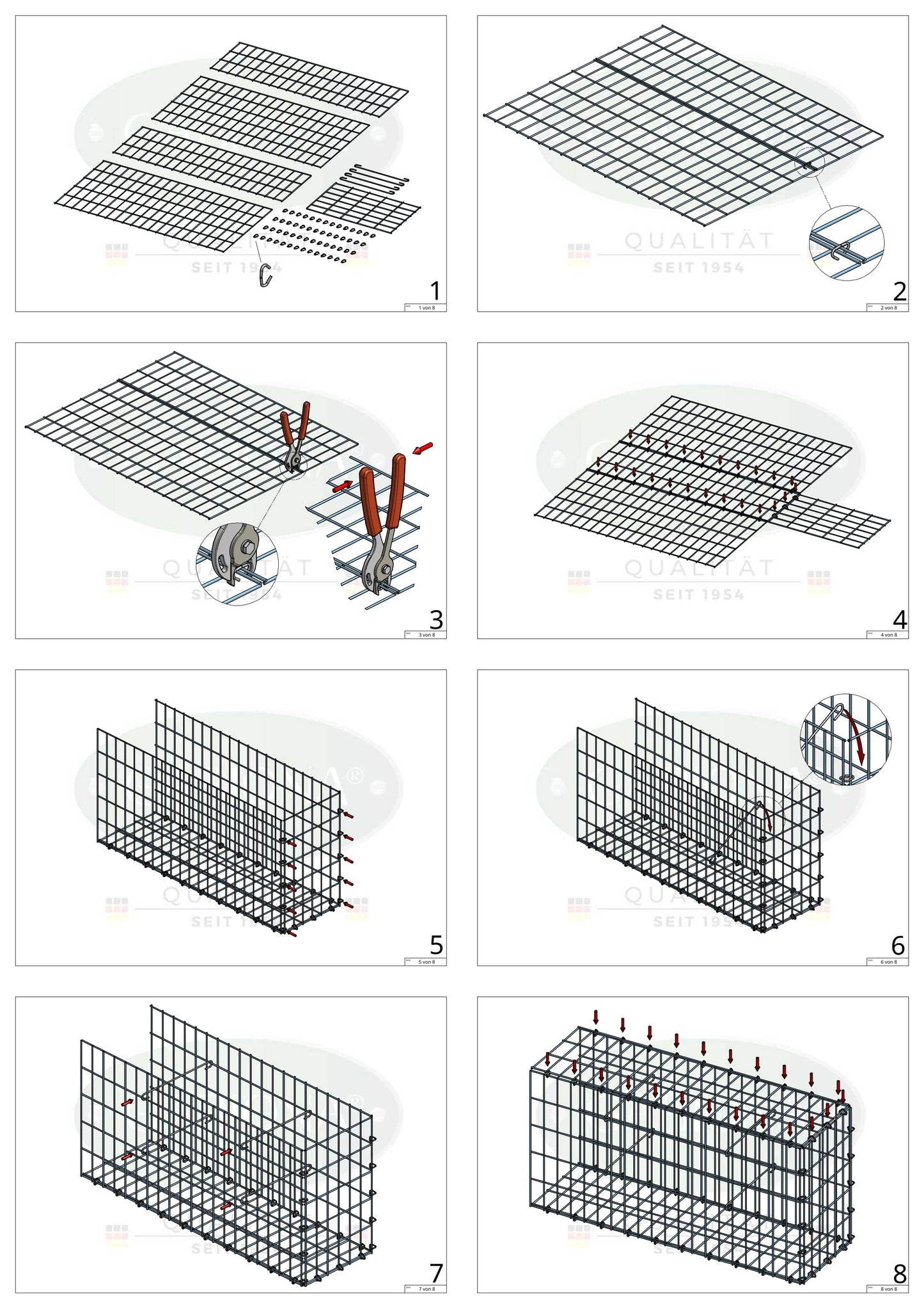 Monteret gabion type 2 100 cm x 60 cm x 40 cm, maskestørrelse 5 cm x 10 cm, C-ring