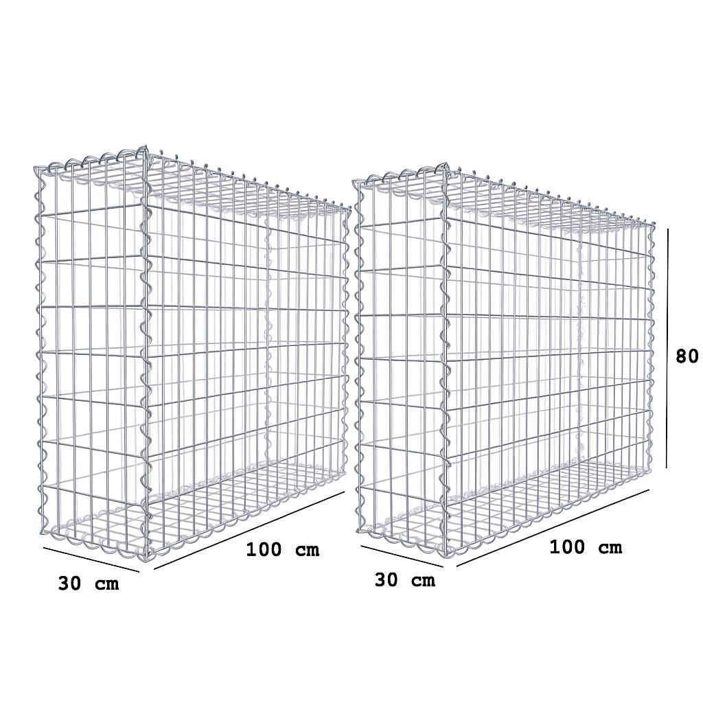Sæt med 2 gabioner 100 x 80 x 30 cm (L x H x D), maskestørrelse 5 x 10 cm, spirallukning, trådtykkelse 4,5 mm
