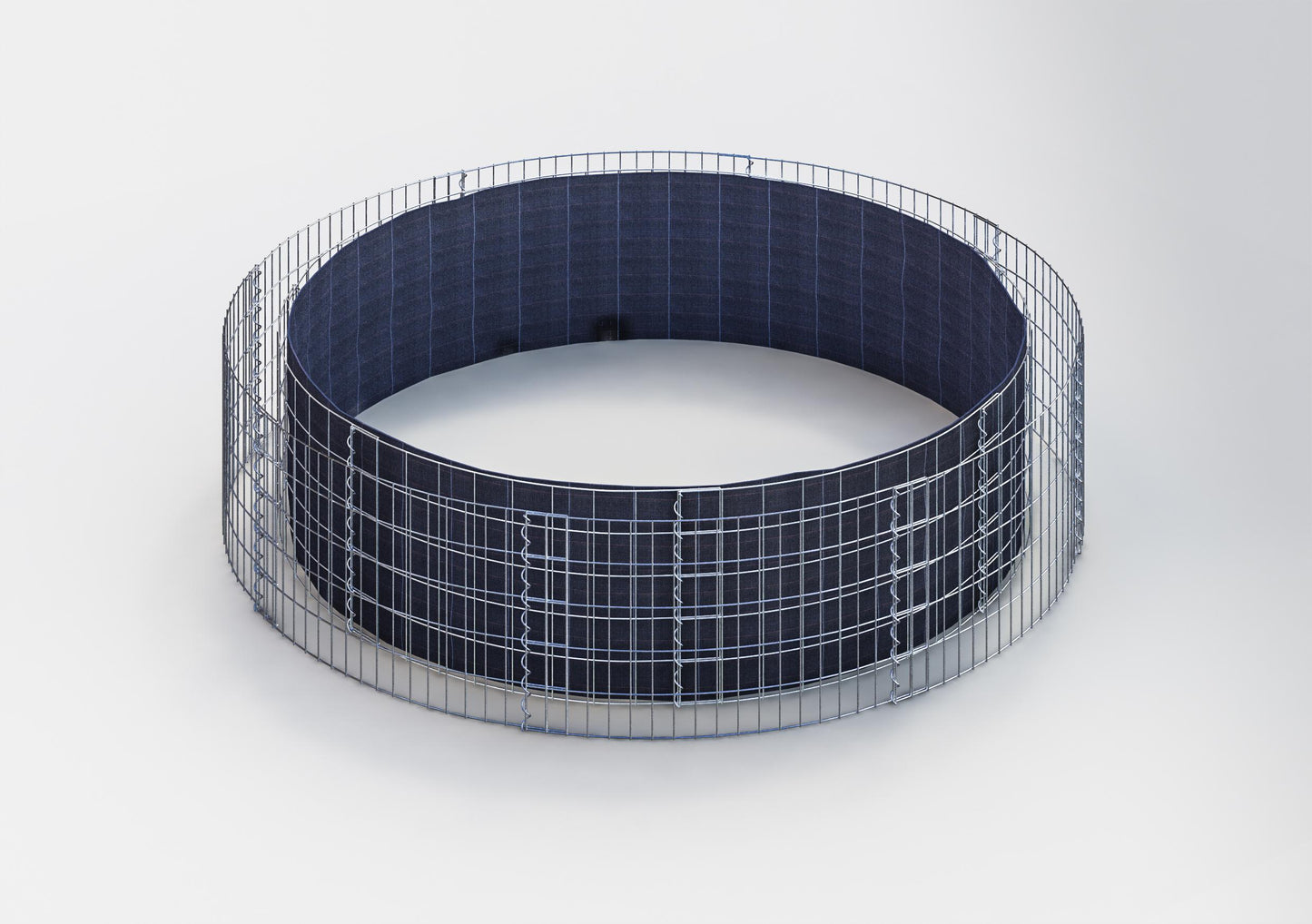 Rund upphöjd bädd, ytterdiameter 232 cm, höjd 50 cm, maskstorlek 5 x 10 cm, väggtjocklek 15 cm