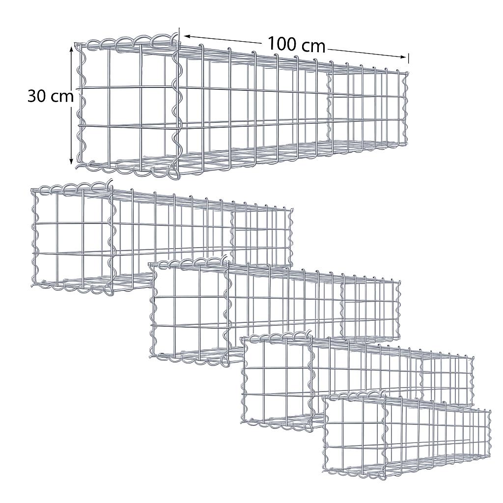 Juego de 5 gaviones 100 x 30 x 30 cm (L x A x P), malla 10 x 10 cm, cierre en espiral, grosor del alambre 4,5 mm