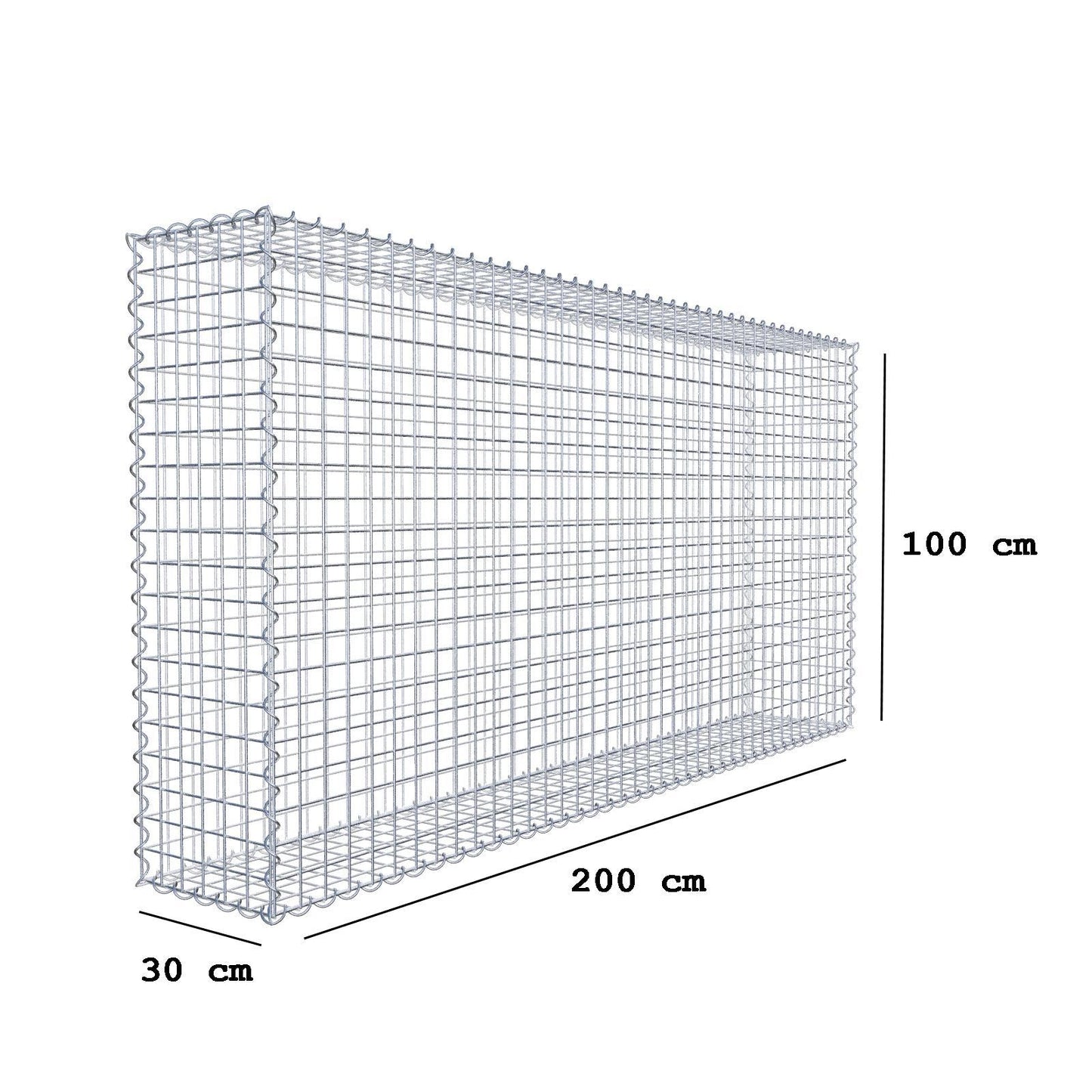 Gavión 200 cm x 100 cm x 30 cm (largo x alto x fondo), malla 5 cm x 5 cm, en espiral
