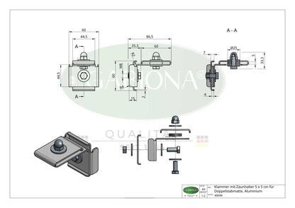 Clamp with fence holder 5 x 5 cm for double rod mat, aluminum 