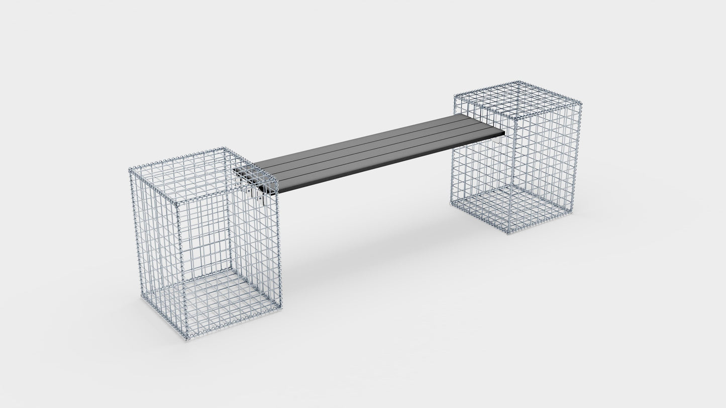 Banco de gaviones con 2 gaviones en espiral, 205 cm de largo x 60 cm de alto x 40 cm de profundidad, galvanizados, MW 5 x 5 cm, con encimera reciclada en antracita