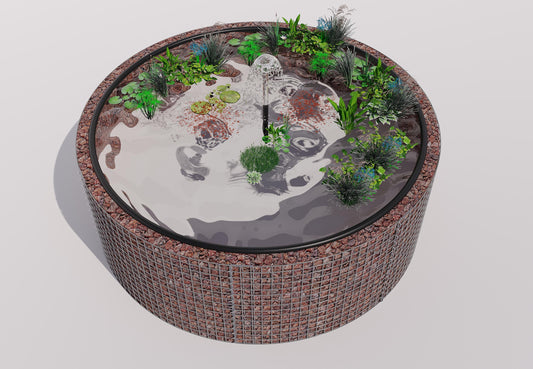 Gabionupphöjd damm, rund, ytterdiameter 232 cm, höjd 80 cm, maskstorlek 5 x 5 cm, väggtjocklek 15 cm