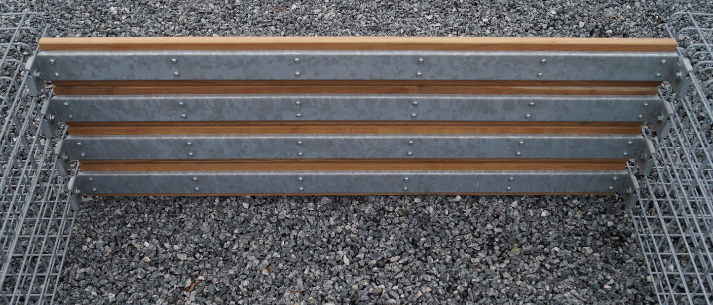 Trädgårdsbänk med 3 gabioner - teak, 205 cm lång x 60 cm hög x 37 cm djup, galvaniserad, MW 5 x 5 cm