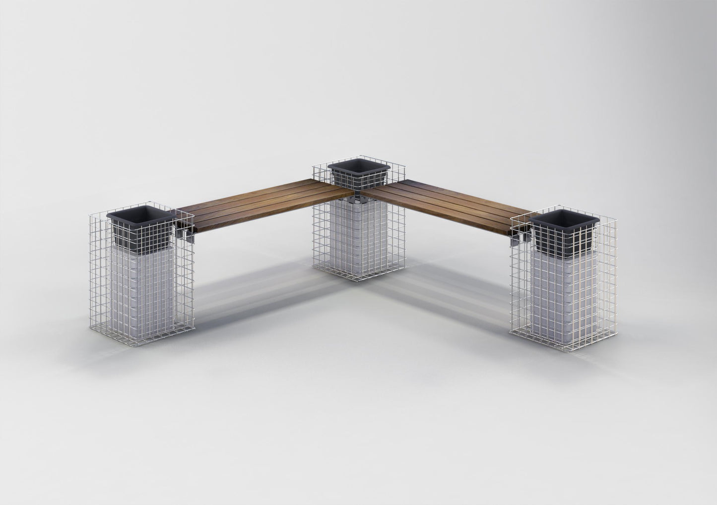 Panchina in gabbioni con 3 colonne di fiori - legno di Cumaru, 205 cm di lunghezza x 60 cm di altezza x 37 cm di profondità, zincato a caldo, MW 5 x 5 cm