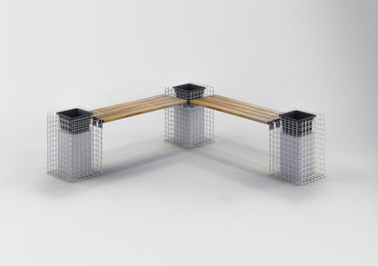 Gabionenbank mit 3 Blumensäulen - Teakholz, 205 cm Länge x 60 cm Höhe x 37 cm Tiefe, feuerverzinkt, MW 5 x 5 cm