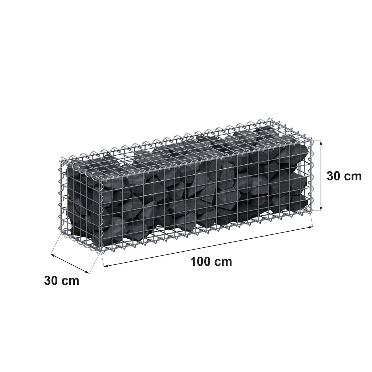 Gabião 100 cm x 30 cm x 30 cm (C x A x P), malhagem 5 cm x 5 cm, espiral