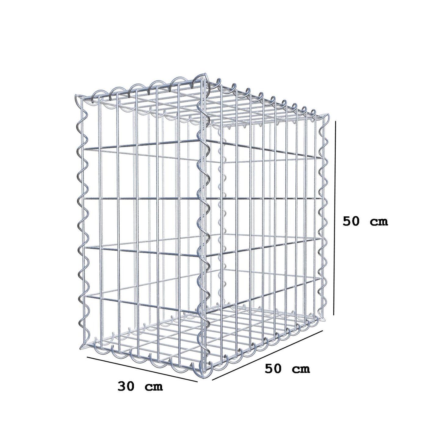 Gabião 50 cm x 50 cm x 30 cm (C x A x P), malhagem 5 cm x 10 cm, espiral