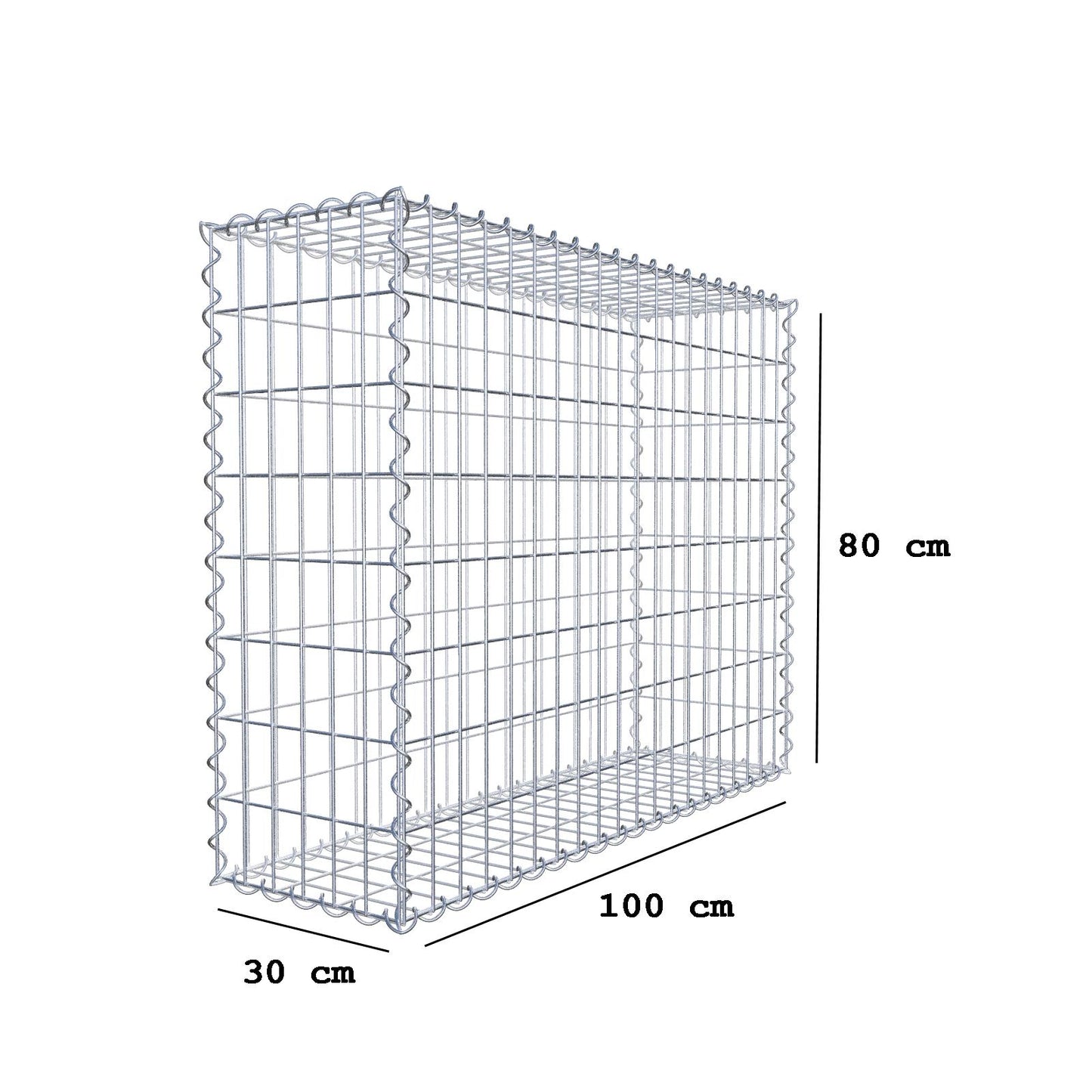 Gabião 100 cm x 80 cm x 30 cm (C x A x P), malhagem 5 cm x 10 cm, espiral