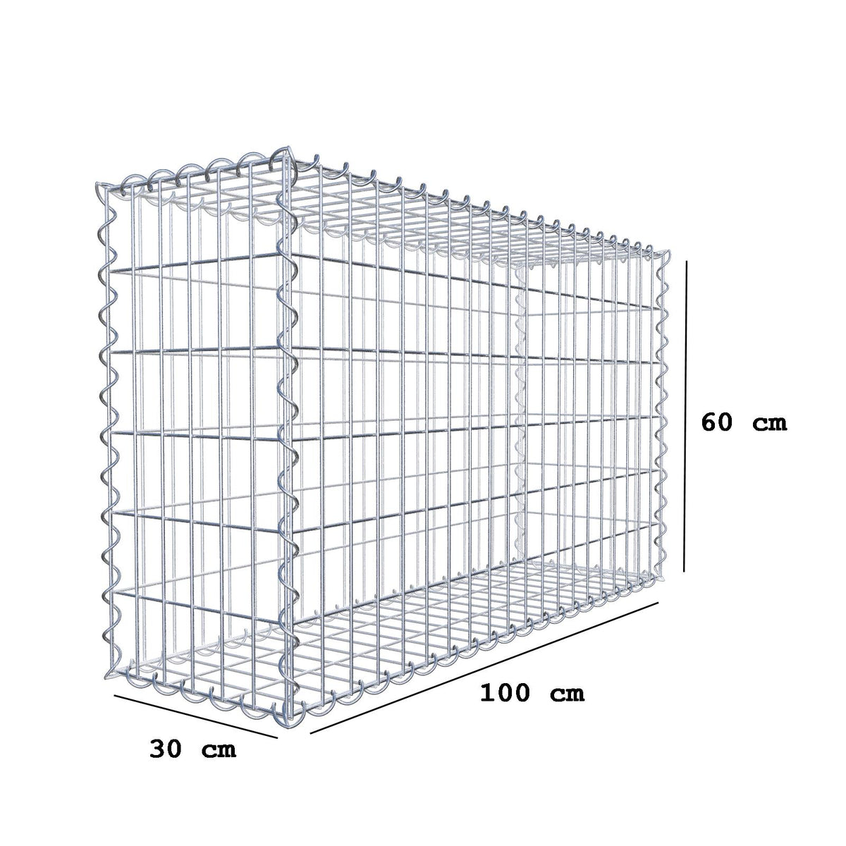 Gabião 100 cm x 60 cm x 30 cm (C x A x P), malhagem 5 cm x 10 cm, espiral