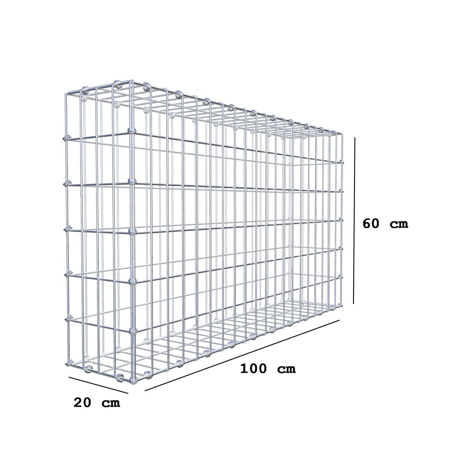 Gabione 100 cm x 60 cm x 20 cm (L x H x T), Maschenweite 5 x 10 cm, Spiralring