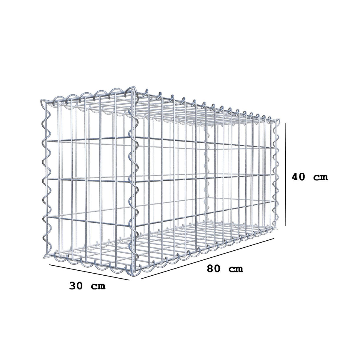 Gabião 80 cm x 40 cm x 30 cm (C x A x P), malhagem 5 cm x 10 cm, espiral