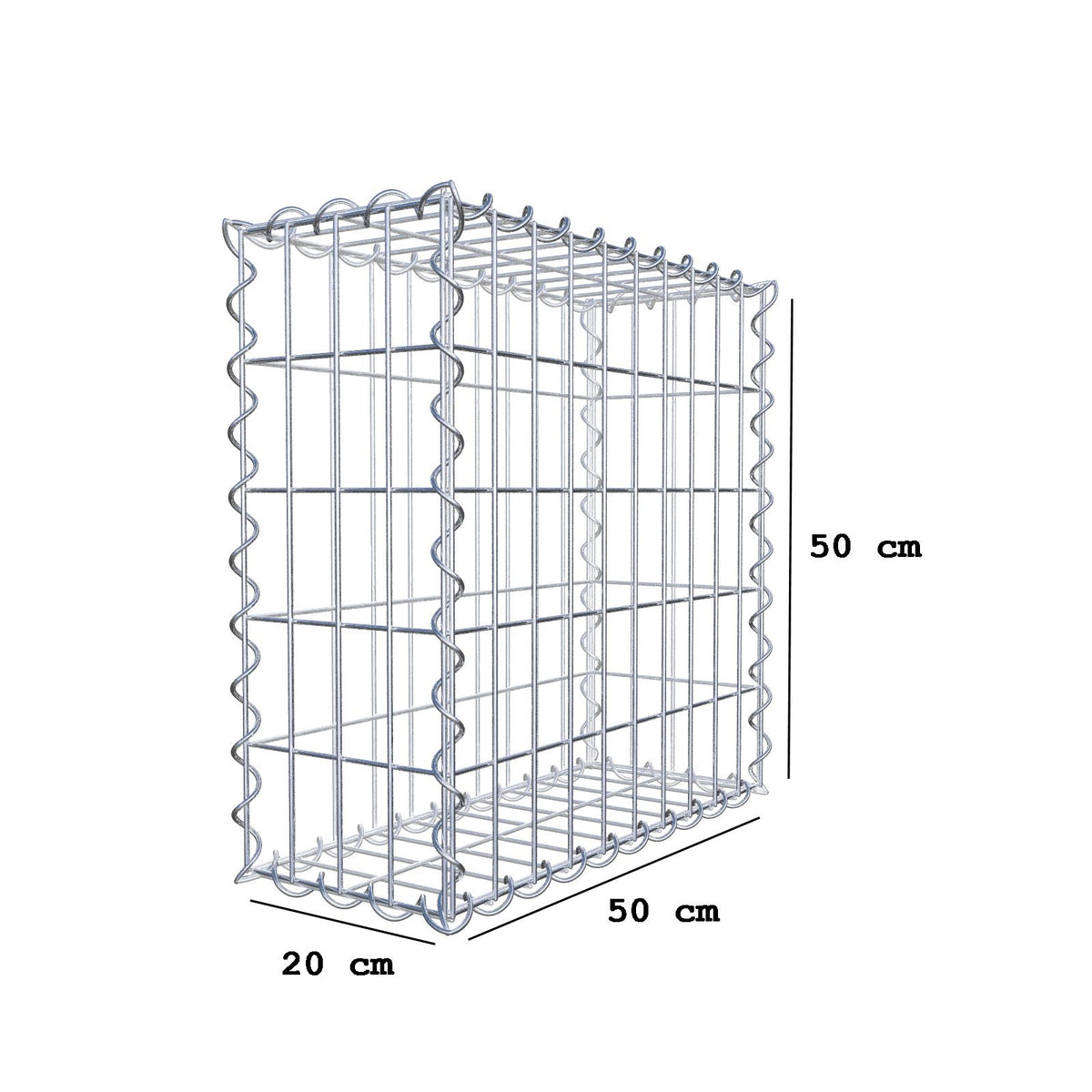 Gabião 50 cm x 50 cm x 20 cm (C x A x P), malhagem 5 cm x 10 cm, espiral