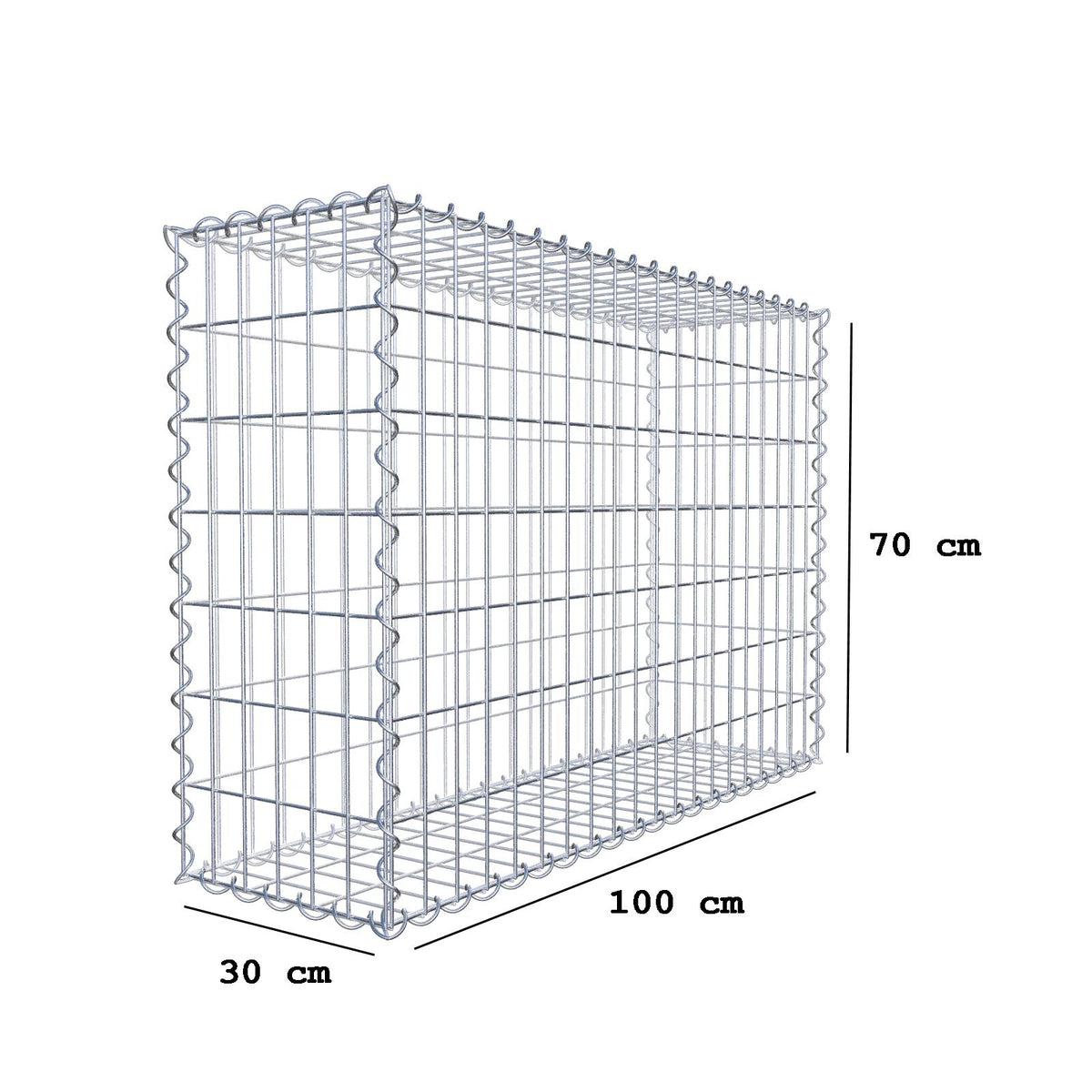 Gabião 100 cm x 70 cm x 30 cm (C x A x P), malhagem 5 cm x 10 cm, espiral