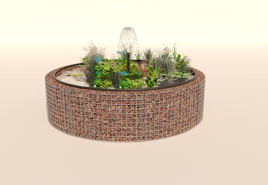 Gabionupphöjd damm, rund, ytterdiameter 202 cm, höjd 50 cm, maskstorlek 5 x 5 cm, väggtjocklek 15 cm