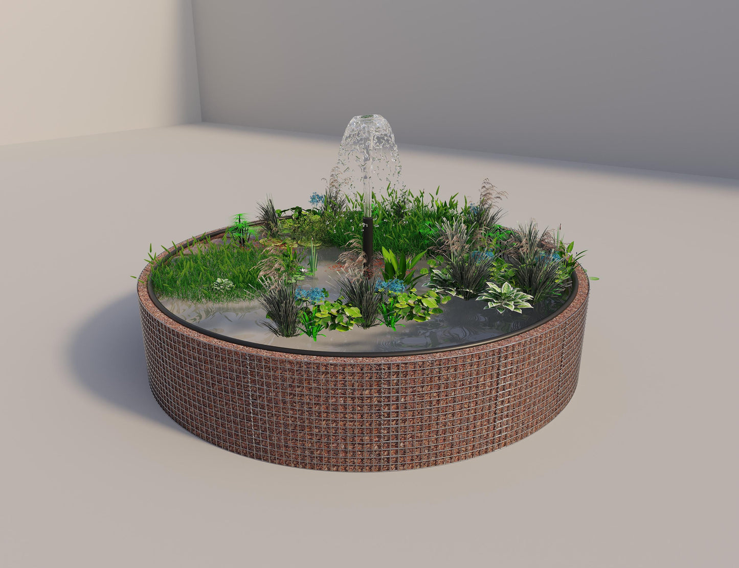 Gabião para lago elevado redondo, diâmetro exterior 382 cm, altura 80 cm, dimensão da malha 5 x 5 cm, espessura da parede 15 cm