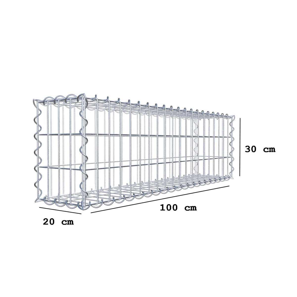Gabião 100 cm x 30 cm x 20 cm (C x A x P), malhagem 5 cm x 10 cm, espiral