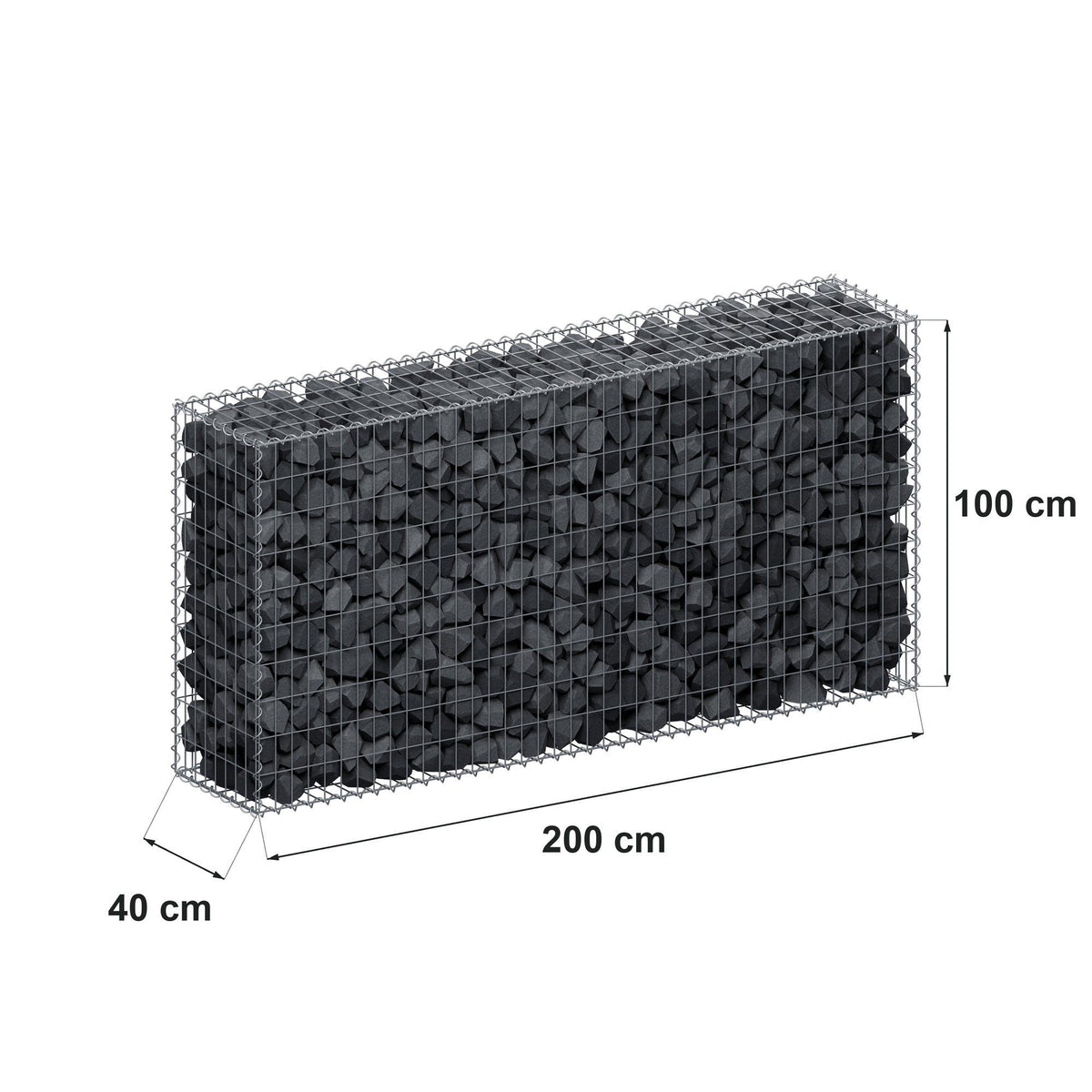Gabion 200 cm x 100 cm x 40 cm (L x H x D), maskestørrelse 5 cm x 10 cm, spiral