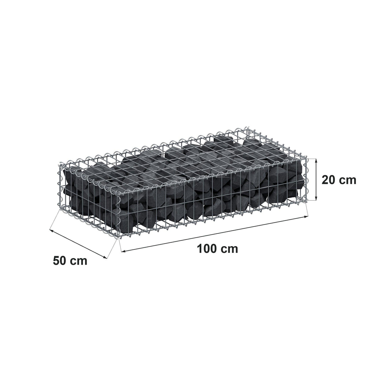 Gabião 100 cm x 20 cm x 50 cm (C x A x P), malhagem 5 cm x 10 cm, espiral