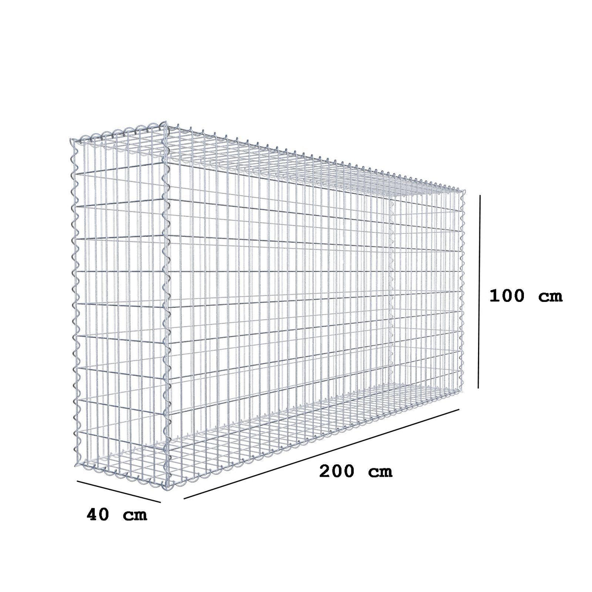 Gabion 200 cm x 100 cm x 40 cm (L x H x D), maskestørrelse 5 cm x 10 cm, spiral