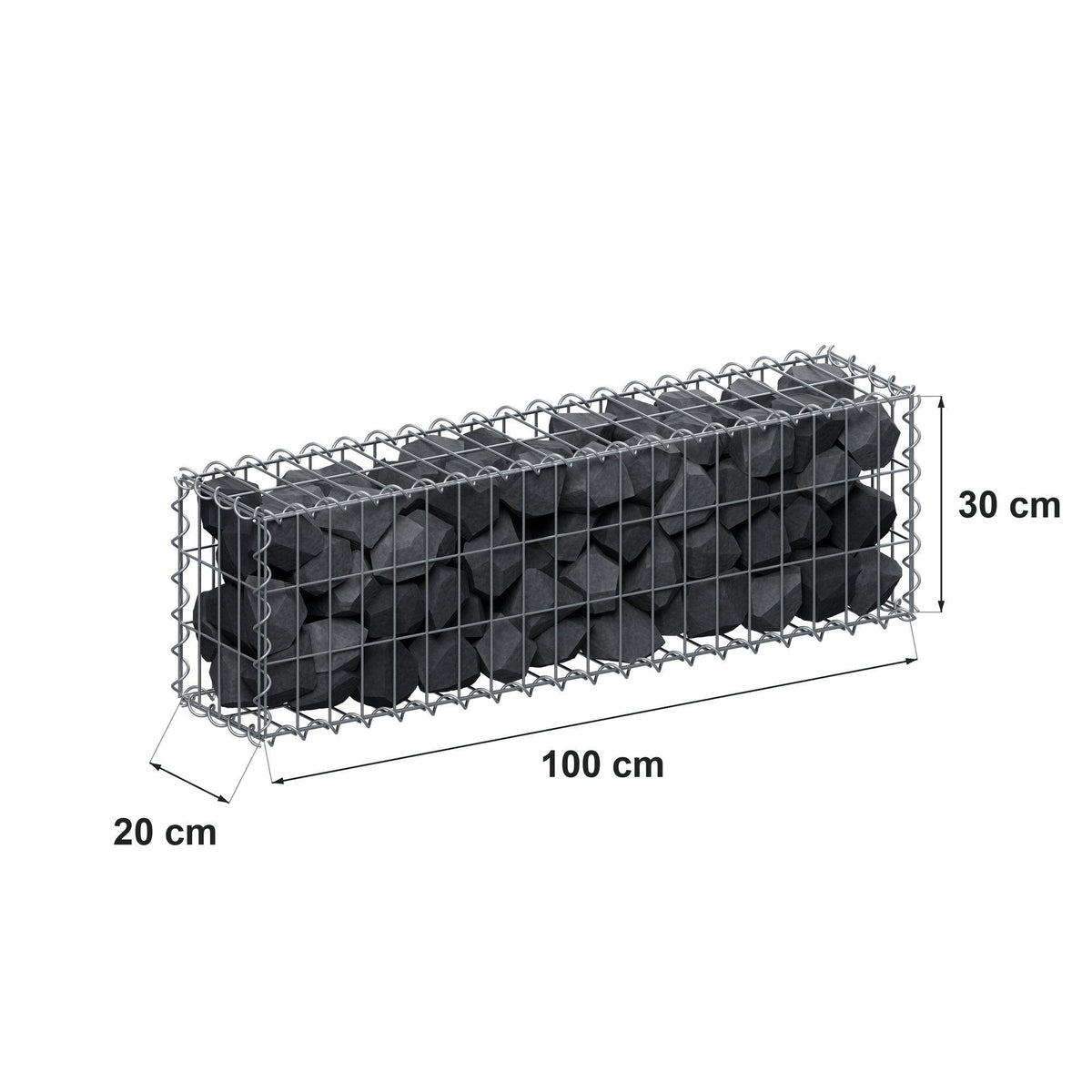 Gabião 100 cm x 30 cm x 20 cm (C x A x P), malhagem 5 cm x 10 cm, espiral