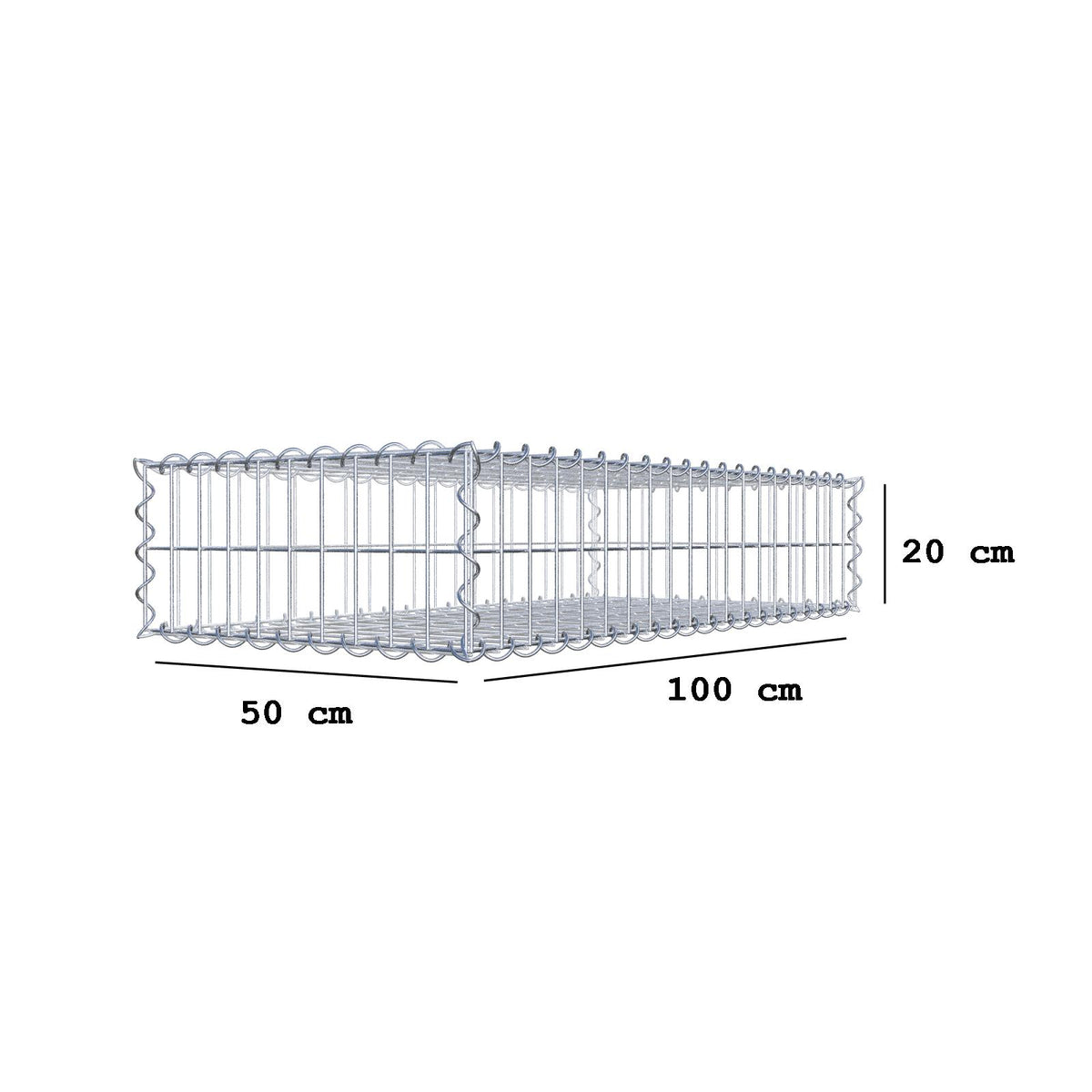 Gabião 100 cm x 20 cm x 50 cm (C x A x P), malhagem 5 cm x 10 cm, espiral