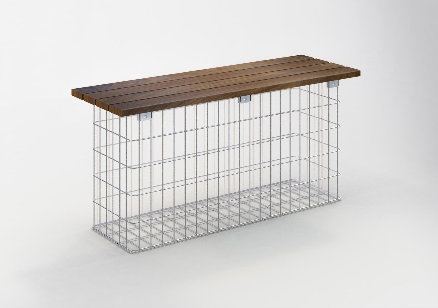 Panchina in gabbioni di legno Cumaru, 115 cm di lunghezza x 50 cm di altezza x 42 cm di profondità, zincata a caldo, MW 5 x 10 cm