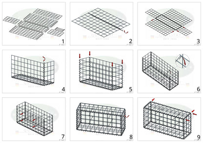 Schanskorf 200 cm x 100 cm x 30 cm (L x H x D), maaswijdte 10 cm x 10 cm, spiraalvormig