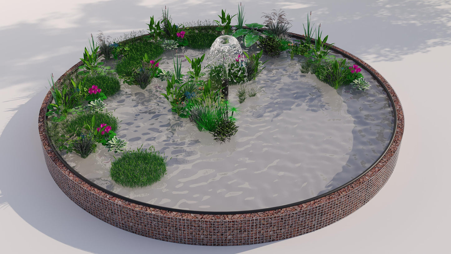 Laghetto rialzato in gabbioni, rotondo, diametro esterno 292 cm, altezza 50 cm, maglia 5 x 5 cm, spessore parete 15 cm
