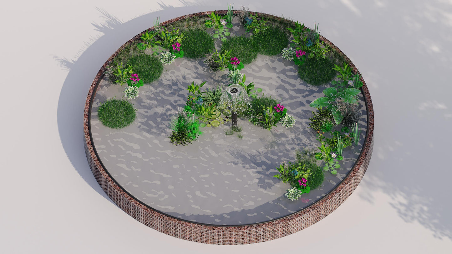 Laghetto rialzato in gabbioni, rotondo, diametro esterno 292 cm, altezza 50 cm, maglia 5 x 5 cm, spessore parete 15 cm